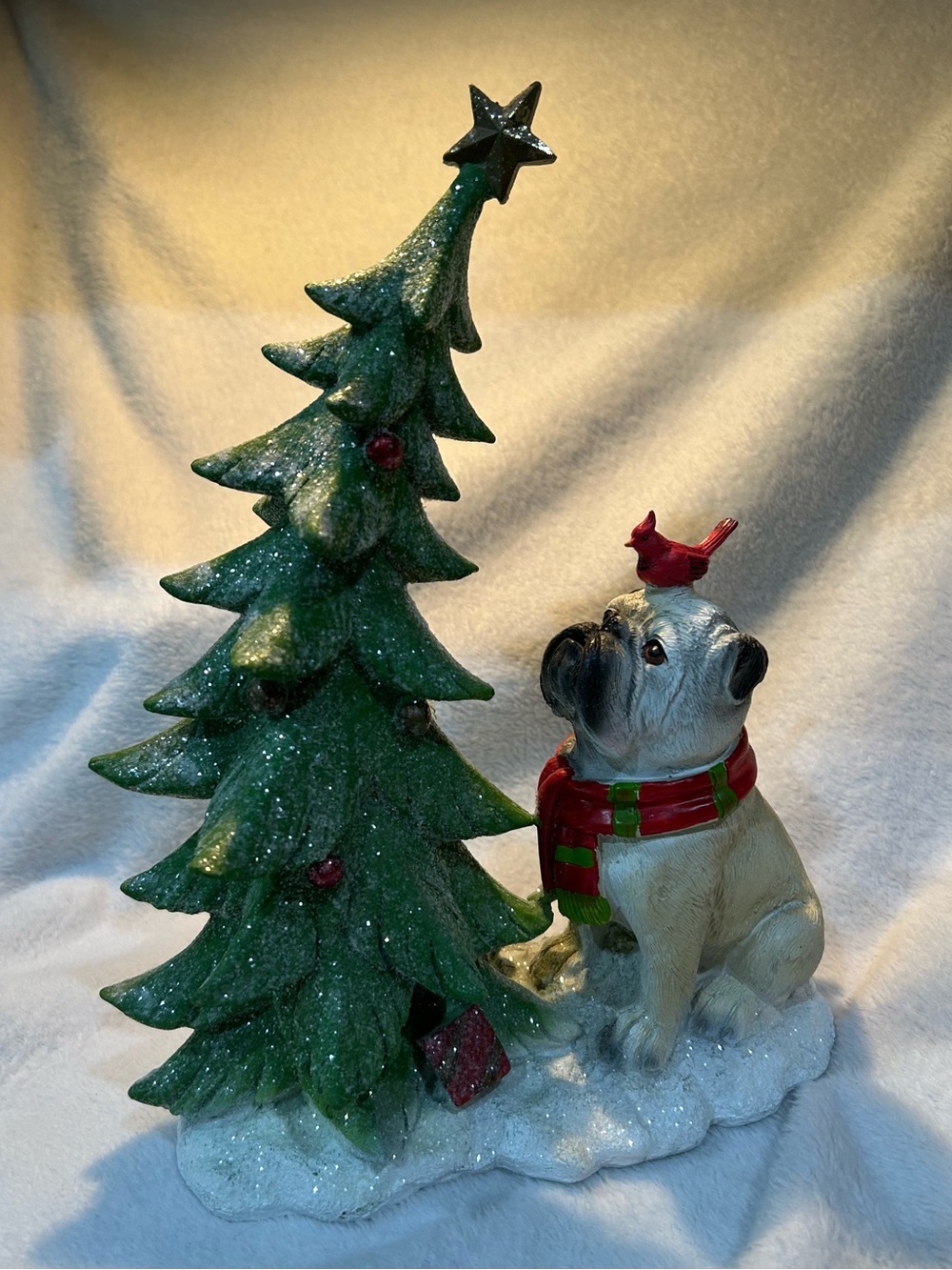 English Bulldog with Scarf and Cardinal Christmas Tree Statue Figurine